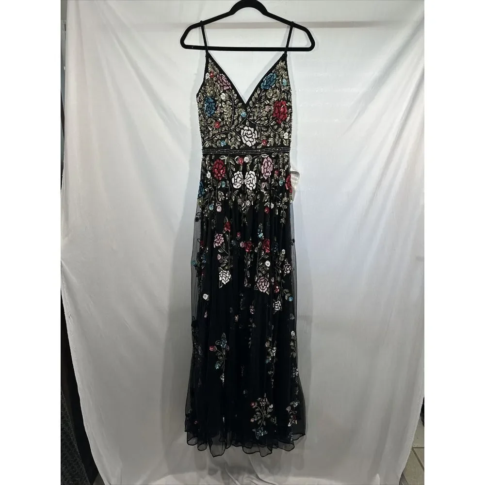 NWT $698 Mac Duggal [ 8 ] V Neck‎ Embellished Floral Sequined Gown Black #G1635 - Picture 10 of 15
